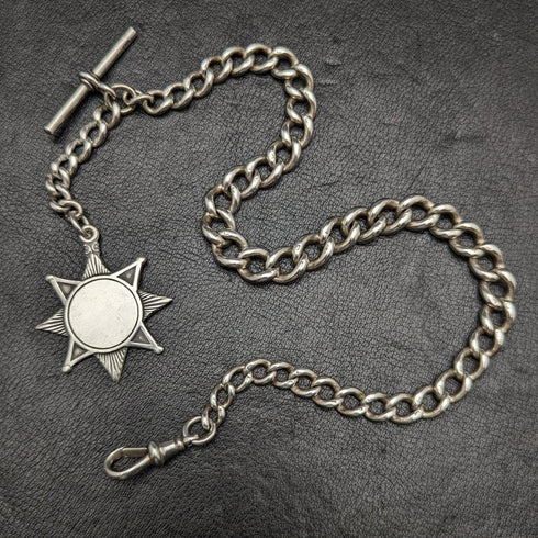 Around 1900 British Antique Pure Silver (925 Silver) Albert Chain 55g Medal Fob